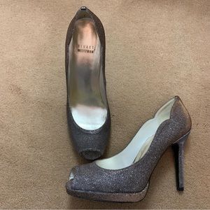 Stuart Weitzman Pyrite sparkly metallic scalloped peep toe heels